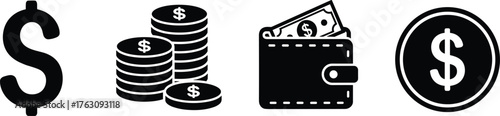 Set of money icons including dollar sign coins wallet and cash for financial concepts vector