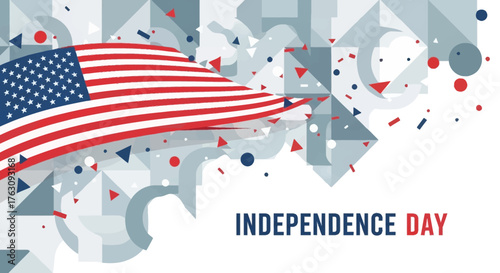 Dynamic American flag with abstract geometric shapes and confetti creating a festive patriotic celebration background