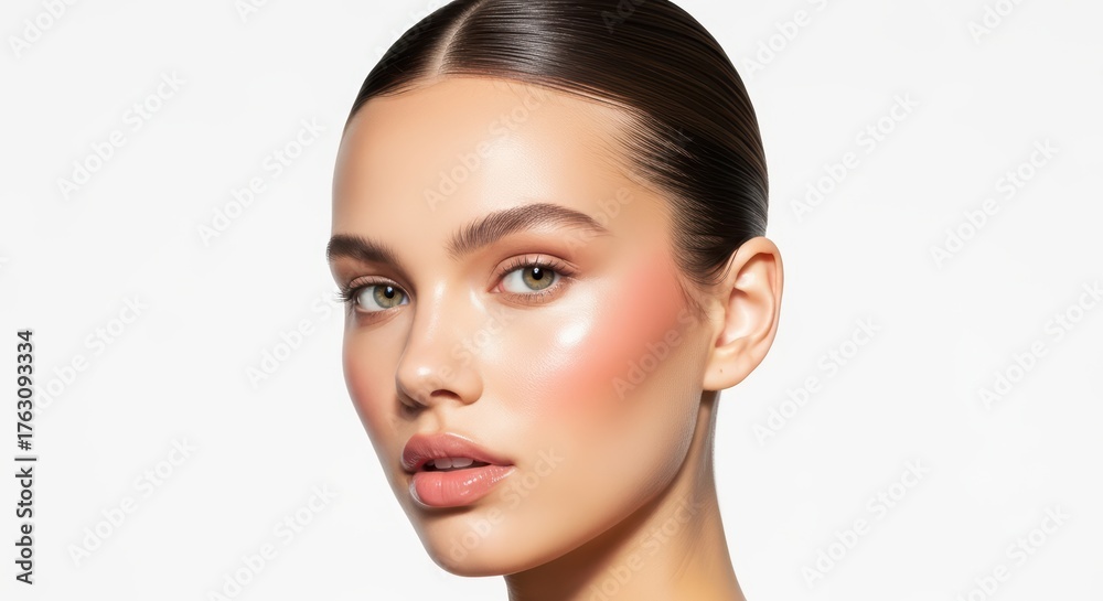 Fototapeta premium Female caucasian young adult with glossy skin and pink blush
