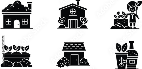 Collection of silhouetted rural buildings garden scenes and farming icons for agricultural themes vector