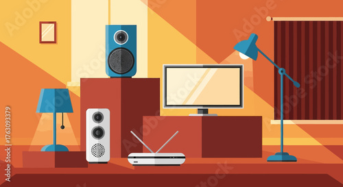 A collection of home electronics and entertainment devices, including a television, speakers, router, and lamps, arranged in a room setting