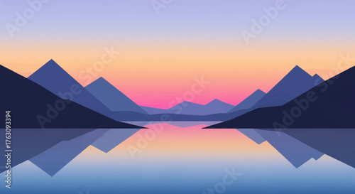 Captivating minimalist landscape illustration featuring serene mountains reflecting in tranquil waters under a breathtaking gradient sky at dawn or dusk