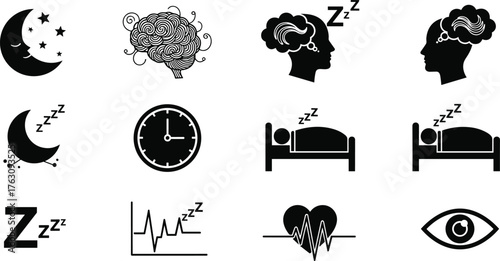 Collection of sleep and brain icons representing rest dreams and insomnia vector