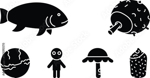Collection of simple black icons representing fish globe human mine and objects vector