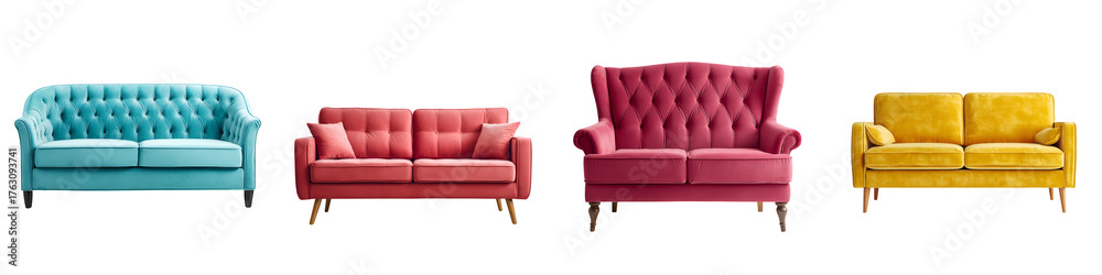 Fototapeta premium Velvet Sofas: Modern Furniture in Teal, Coral, Magenta, Yellow