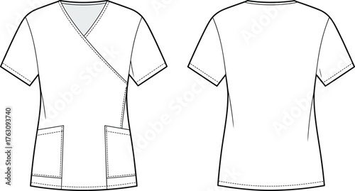 Medical scrub top flat sketch, short sleeve uniform design, V neck wrap style, front and back view, cad drawing flat vector illustration