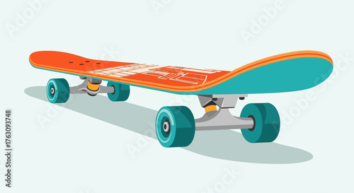 Detailed vector illustration of a colorful skateboard with an orange deck and teal wheels, representing youth culture, extreme sports, and an urban lifestyle