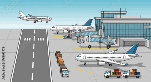 Vector illustration of a bustling airport scene with airplanes at the terminal, ground support vehicles on the tarmac, and a jet taking off