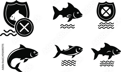 Collection of stylized fish and aquatic safety icons for fishing and seafood themes vector