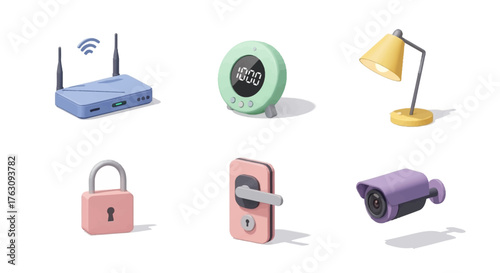 Collection of home security and smart technology devices including a router, smart clock, lamp, padlock, door handle, and security camera
