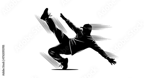 Energetic graphic illustration of a person performing a dynamic dance move, capturing the spirit of urban street style, athleticism, and powerful motion