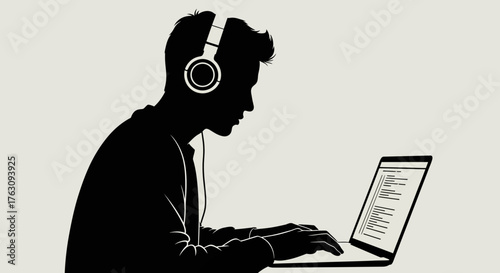 Silhouette of a young person wearing headphones and typing on a laptop, illustrating remote work and digital engagement