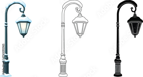 Snow-covered street lamp illustration set in color, outline, and silhouette versions