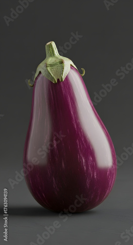 A single ripe purple eggplant with a glossy skin on a dark background