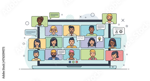 Online Meeting with Diverse Participants on Laptop Screen Illustration