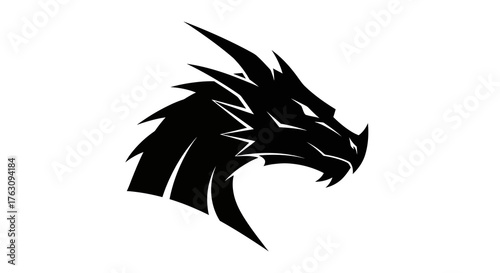 Dynamic and powerful black silhouette of a mythical dragon's head, featuring sharp lines and an aggressive expression, ideal for fantasy-themed designs, logos, or mascots