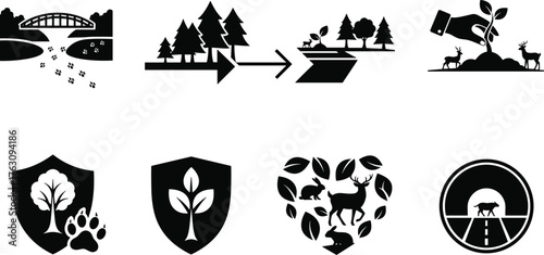 Nature conservation symbols protecting wildlife ecosystems and rural landscapes vector