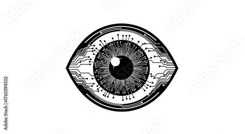 Futuristic Digital Eye with Intricate Circuit Board Patterns Symbolizing Artificial Intelligence, Cybersecurity, and Advanced Surveillance Technology Concepts