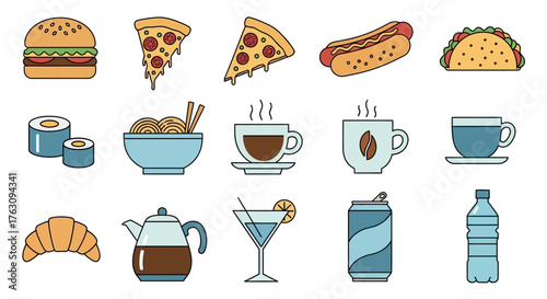 A colorful collection of simple line art icons featuring popular fast food items and beverages like pizza, burgers, and coffee