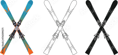 Ski illustration set in color, outline, and silhouette styles