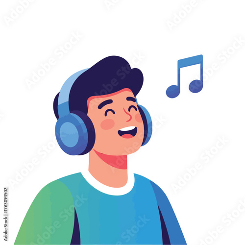 Young man enjoys music with headphones and smiles happily while listening