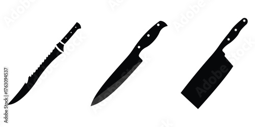 Butcher Cleaver and Kitchen Knife Icon Set – Hand Drawn Meat Cutting Tools and Utensils Collection on White Background