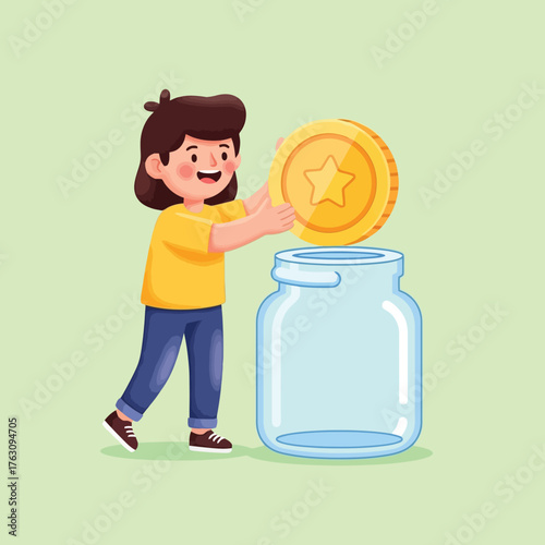 Happy young girl saving money in glass jar for future financial goals