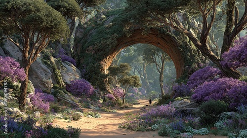 Garden of Eden: Exotic Fairytale Fantasy Forest. Green Oasis with Unreal Fantasy Landscape, Trees, Flowers, Sunlight, Shadows, Creepers, and an Arch. 3D Illustration