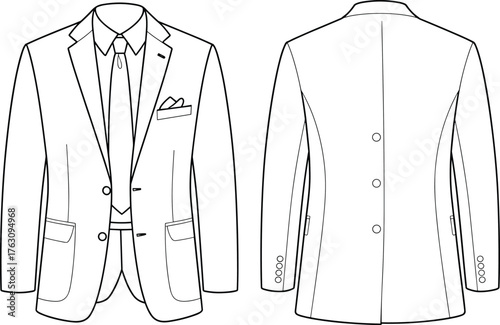 Men’s suit jacket technical flat sketch, formal fashion CAD drawing, vector illustration, apparel design template, garment construction details, tailoring design