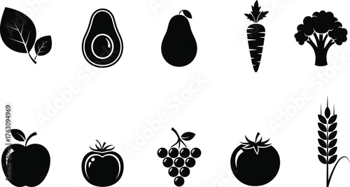 Collection of fresh fruits and vegetables icons healthy food icons for nutrition and diet graphics vector