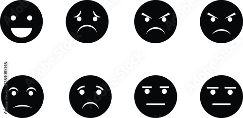 Set of eight diverse emoticon faces showing different emotions expressions icons vector