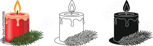 Christmas candle illustration set in color, outline, and silhouette styles