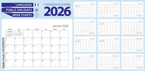 French calendar planner for 2026. French language, week starts from Sunday.