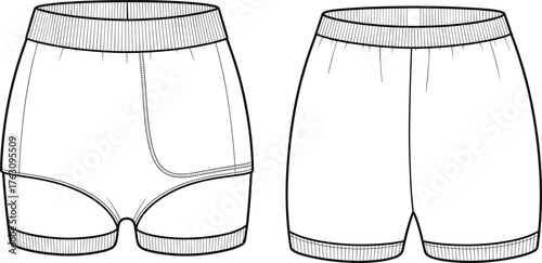 Men’s boxer briefs technical sketch, front view comparison, garment design, underwear template, cad drawing flat vector illustration, fashion flat