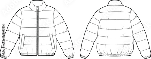 Puffer jacket technical flat sketch, front and back view, quilted winter coat with high collar, outerwear garment CAD drawing flat vector illustration
