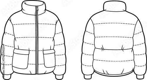 Puffer jacket technical flat sketch, quilted winter outerwear fashion CAD drawing, front and back view vector illustration, ribbed cuff design template