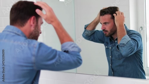 Man adjusting his hair in front of a bathroom mirror