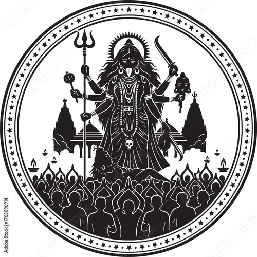 Black and White Illustration of Goddess Kali with Worshippers in a Circular Frame