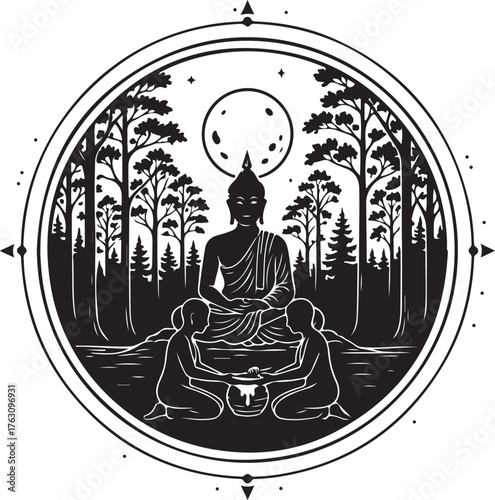 Buddha with Attendants in Forest Under Moonlight Black and White Graphic Design