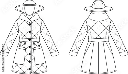 Quilted belted coat with hood and wide brim hat, front and back view, fashion technical sketch, apparel design, cad drawing flat vector illustration