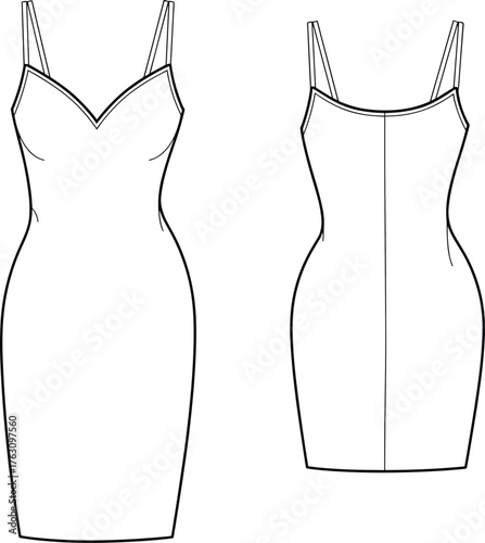 Sweetheart neckline dress, fitted silhouette, spaghetti straps, above knee length, technical sketch, front and back view, cad drawing flat vector illustration