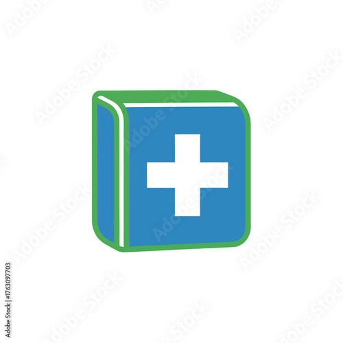 Medical plus sign in a three dimensional box icon.