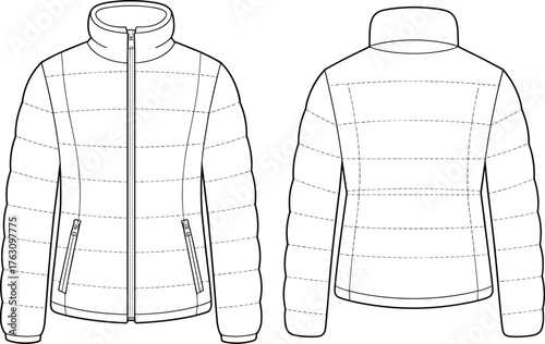 Puffer jacket technical flat sketch, front and back view, quilted winter coat design, fashion CAD drawing flat vector illustration