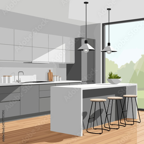 Modern Kitchen Island with Stools and Pendant Lights.