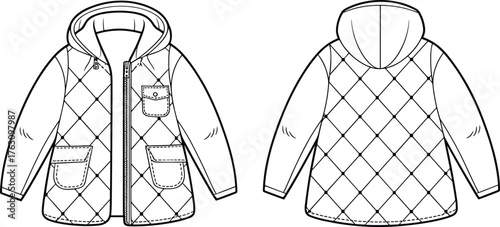Quilted hooded jacket technical fashion flat sketch, front and back view, diamond pattern, zipper closure, pockets, apparel design, cad drawing flat vector illustration