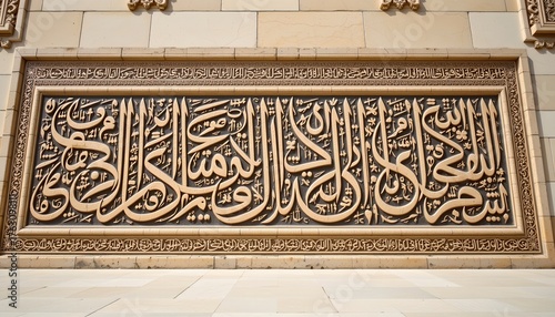 an architectural detail of an islamic building facade, featuring arabic script and decorative patterns