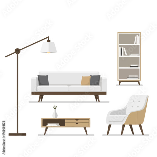Modern living room furniture set vector illustration isolated on white background.
