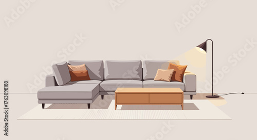 Modern living room furniture set with a grey sectional sofa and floor lamp.