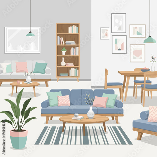 Modern Living Room with Blue Sofa and Coffee Table.