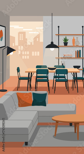 Modern Living Room with Dining Area and City View.